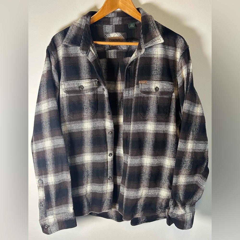 Orvis 100% Cotton Mens Heavy Flannel Shirt Size L Button Up Pockets Brown Plaid